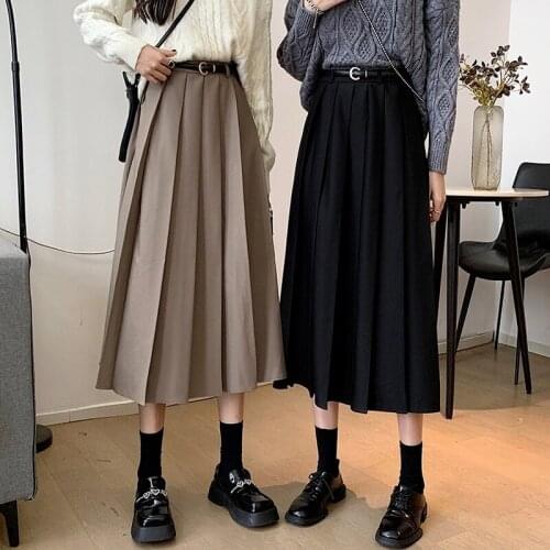 Korean Fashion 2021 Womens Pleated Skirt with Belt Autumn Winter College Style A-line Midi Skirt Classic Slim Girl Long Faldas