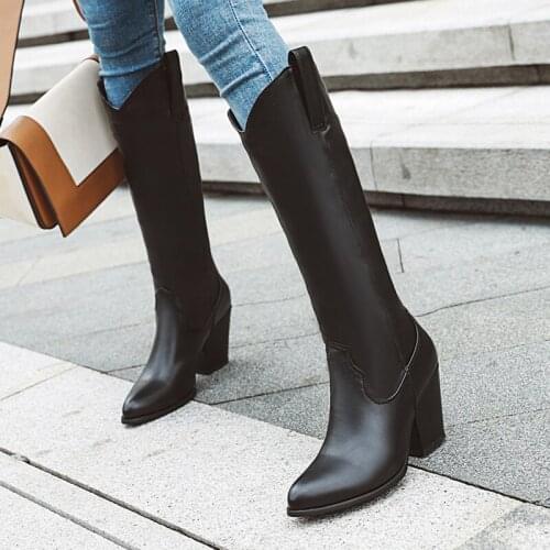 IPPEUM Western Cowboy Boots Women Embossed Microfiber Leather Pattern High Heels Cowgirl Booties Mid-calf Botas Shoes