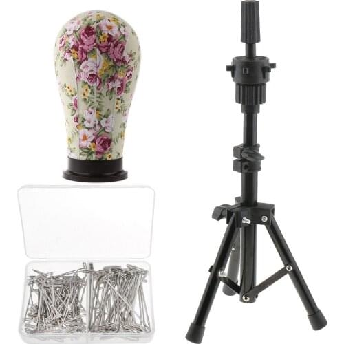 21'' Mannequin Model Cork Canvas Block Head with 150pcs T Needle Pins Wigs Making Set with Tripod Stand