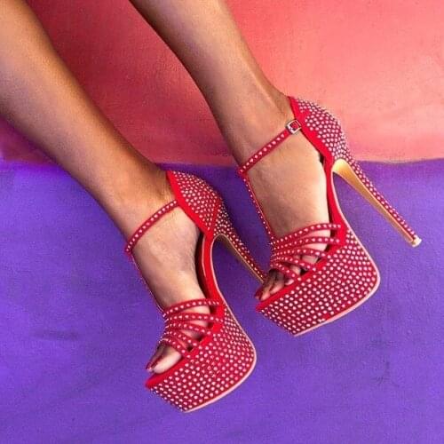 Moraima Snc Red Rhinestone T-strap Sandals Stiletto Heels Platform High Heel Shoes Woman Summer Open Toe Party Wedding Shoes