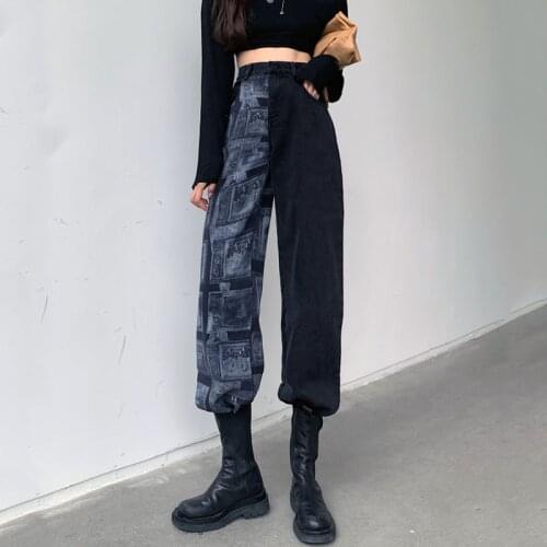 New Autumn Jeans Women Harajuku Cartoon Anime Print Loose High Waist Wide Leg Pants Vintage Washed Straight Trousers Female
