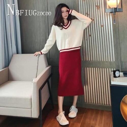 2020 Autumn V Neck Knitting Sweater And Skirt Women Sets Temperament Female Sets
