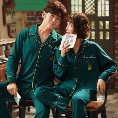 Korean Couple Pajamas Long Sleeves Cotton Knit Spring And Autumn Pajamas Women Men Spring And Autumn Winter Home Suit
