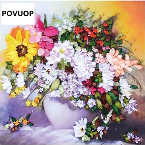 POVUOP 3d intergards ribbon embroidery 60X50CM paintings 3d print cross stitch new arrival
