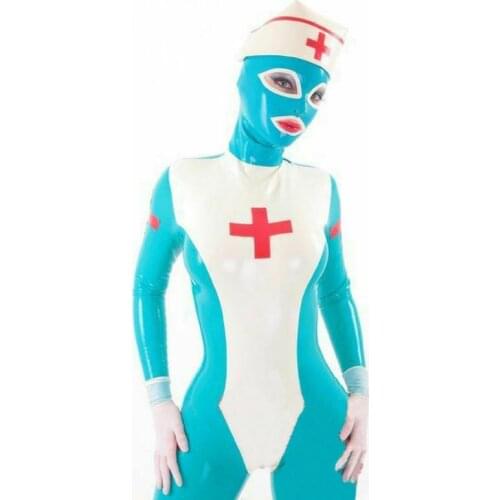 Handmade Sexy Woman Nurse Docotor Latex Catsuits Full Body Rubber Uniform with Latex Hat Costumes