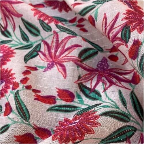 Width 59" Silver Red Sunflower Comfortable Linen Like Fabric By The Half Yard For Dress Shirt Material