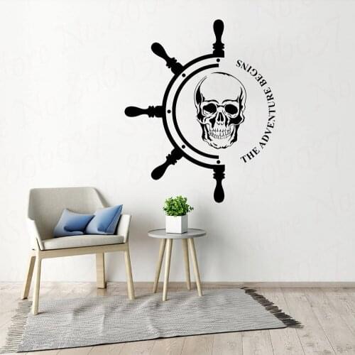 Skull Wall Decal The Adventure Begins Ship Steering Wheel Nautical Pirates Vinyl Sticker Art Sailor Mural For Bedroom WL1438