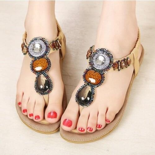 Bohemia Women Sandals Summer Plus Size Ladies Flip-Flops Flat Womens Shoes Vintage Beaded Beach Sandals Thongs High Quality