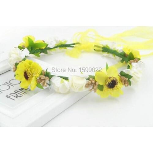 Bohemian Flower Girl Flower Head Wreath for Bridesmaid Hair Accessories Boho Floral Headband Wedding Headwear Yellow Ivory Gold