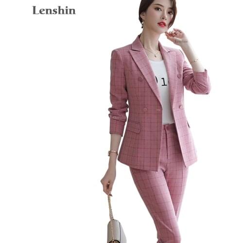 Lenshin High Quality 2 Piece Set Plaid Formal Pant Suit Blazer Office Lady Designs Women Soft Jacket and Ankle-Length Pant