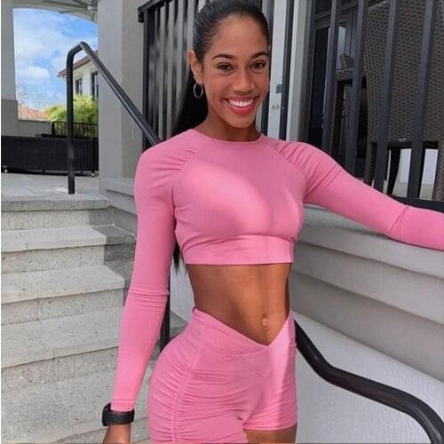 Women Tracksuit Yoga Sets Pure Color Workout Sportswear Long Sleeve Round Neck Crop Top and Shorts Set Sports Suits