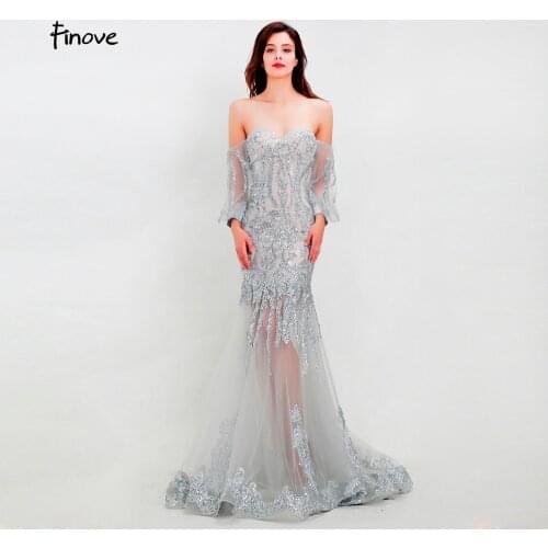 Finove Evening Dress Long 2020 Reflective Dress Sexy Shining Sequin See Through Strapless Chic Sleeves Woman Dress Plus size