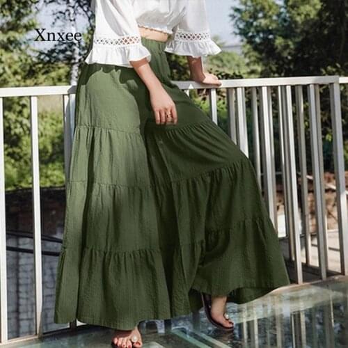 2021 Solid Wide Leg Trousers Vintage Womens Loose Flares Pants Casual Elastic Waist Long Pantalon Female Plus Size Bell Bottom