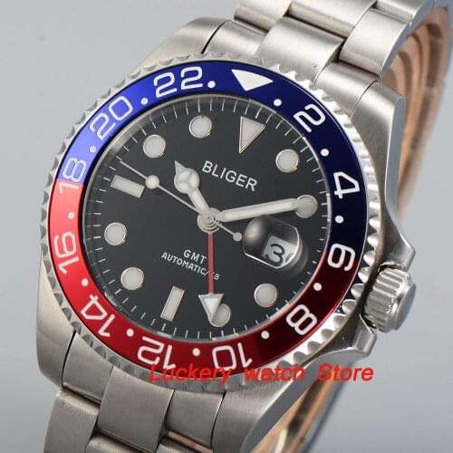 43mm Bliger black dial luminous saphire glass blue and red Bezel GMT Automatic movement mens watch-BA04-43