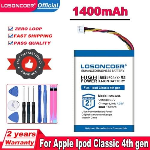 LOSONCOER 616-0206 616-0183 1400mAh Battery For Apple Ipod Classic 4th gen / Photo U2 A1059 20 40GB Accumulator Batterie AKKU
