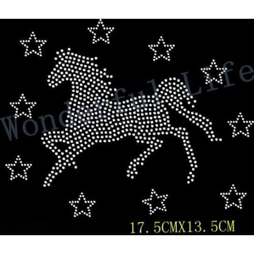 Free shipping clear Horse Gallop with 10 stars iron on Rhinestone Transfer crystal applique patch