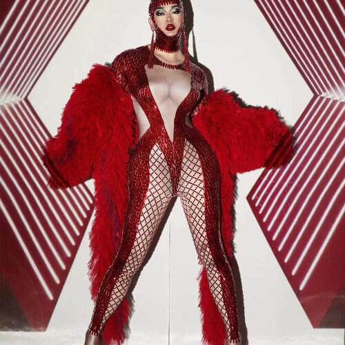 Shining Sequined Perspective Gauze Halter Women Bodysuit Elastic Mesh Plaid Jumpsuits Red Tassel Long Coat Nightclub Outfit