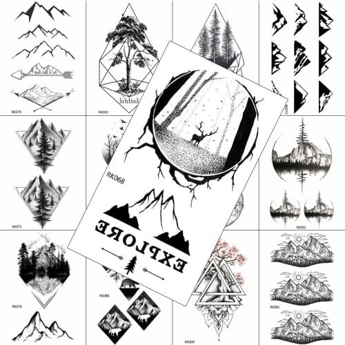 Black Mountain Forest Temporary Tattoos Sticker For Men Women Washable Tatoo Geometric Elk Body Art Painting Fake Tatoos Decal