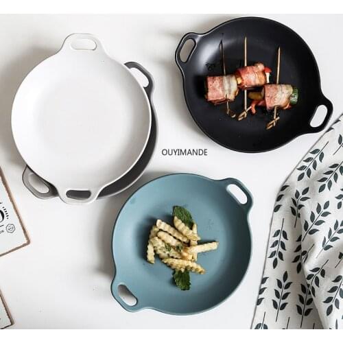 Ceramic Dinner Plates Beef Plate Tableware Round Glaze Down Coloured Dessert Plate Cake Creative Double Ear Plate Ceramic Plate