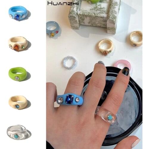 HUANZHI 2020 New Trendy Korean Transparent Resin Acrylic Crystal Irregular Geometry Simple Rings for Women Girls Jewelry