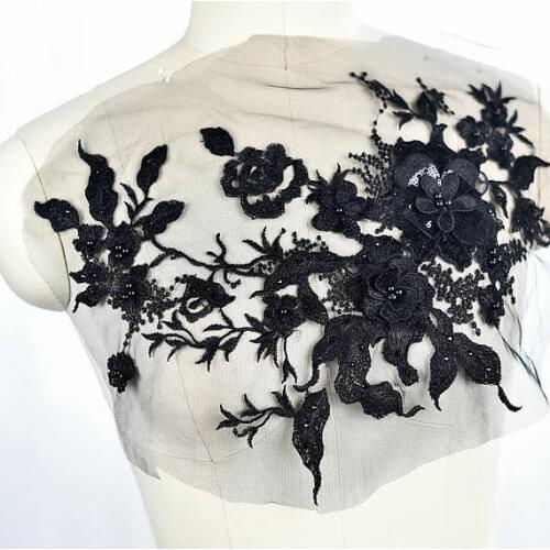 1 piece black 3D floral lace appliques, French lace bodice for couture and apparel