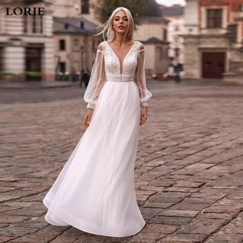 LORIE Beach Wedding Dress Puff Sleeves A Line Lace Appliques Boho Wedding Gowns Floor Length Wedding Party Dresses