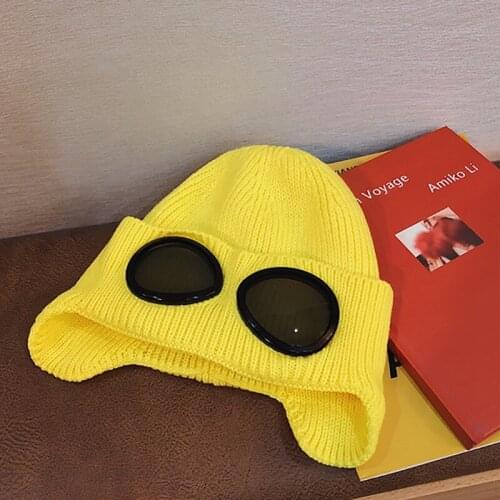 Men winter knitted hat Street glasses Multicolor knitted hat women wild plus velvet ear protection wool hat