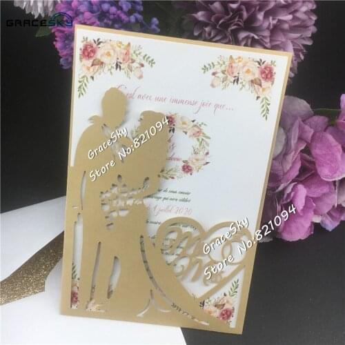 20pcs/lot New Laser Cut Glitter paper Bridegroom &Bride Wedding Invitations Card Customized Pocket Wedding Supplies Cards
