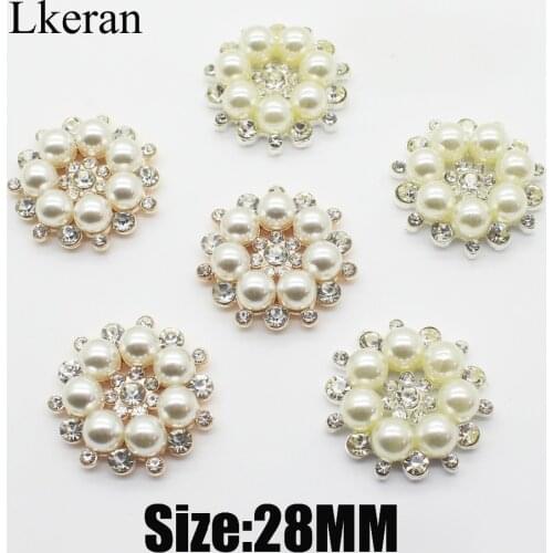 New 28mm Two Colour 10pcs Flower Pearl buttons Rhinestones Button wedding decoration Diy Alloy Diamond Crystal Bow Accessories