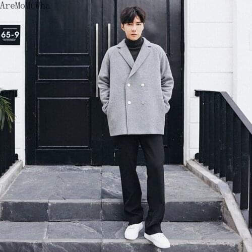 AreMoMuWha Korean Version of The Raglan Sleeve Wool Coat Male Trend Solid Color Loose Double-breasted Coat Woolen Coat QX1364