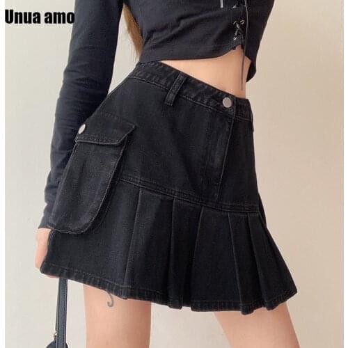 Unua amo Chic Pocket Black Denim Skirt Women Fashion Wild A-line Street Style Y2K Casual High Waist Pleated Mini Skirts Female
