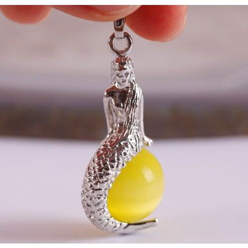 Natural Stone Mermaid Pendant Round Bead Yellow Cat Eye Necklace Pendant K1896