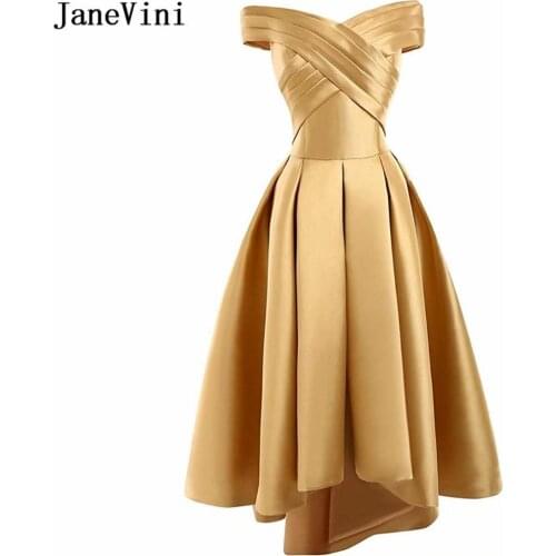 JaneVini 2018 Simple Gold Satin Long Bridesmaid Dresses off the Shoulder High Low Formal Prom Gowns Lace-up Back Ankle Length