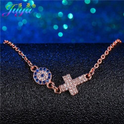 Juya Dropshipping Supplies Micro Pave Zircon Greek Evil Eye Cross Charms Bracelets Women Fashion Gold Link Chains Bracelet