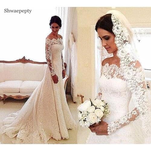 Shwaepepty Spring Lace Mermaid Country Wedding Dress Long Sleeves Boat Neck Vintage Chapel Bridal Gowns 2021 Robe de Mariage