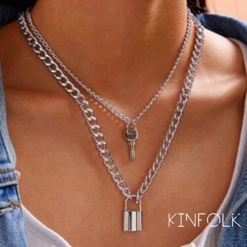 KINFOLK Lock Vintage Long Gold Coin Necklace For Women Chain Charm Punk Pendants Necklaces 2020 New Fashion Jewelry Gift