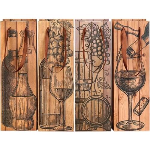 Red Wine Bottle Bag Wood Grain Paper Vintage Gift Bags with Lift Rope Thicken Tote Pouch F20174029