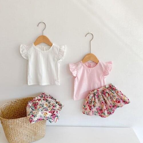 Spring and summer infant baby girls printed skirts pants cotton fly sleeve shirt suits to choose