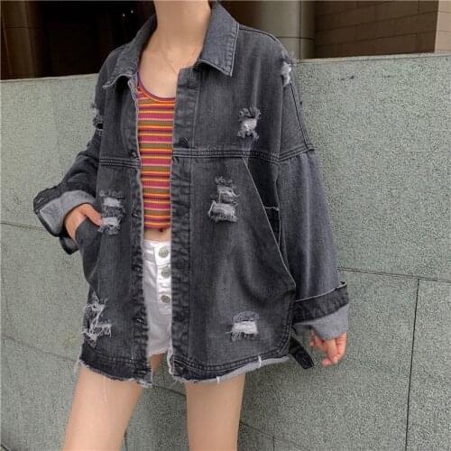 Retro Design Broken Hole Cowboy Coat Loose Student Korean BF Style Denim Jacket Spring Autumn Women Long Sleeve Casual Chaqueta