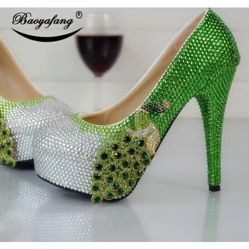 2019 Womens wedding shoes Green Water Drill Phoenix Round-Headed High-heeled Crystal Shoe Bride bridesmaids wedding shoes