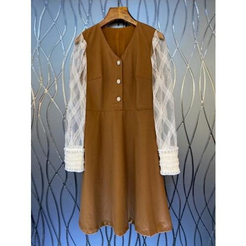 High Quality New Runway Dress 2021 Autumn Women V-Neck Sexy Tulle Mesh Patchwork Long Sleeve Khaki Black Cotton Dress Casual