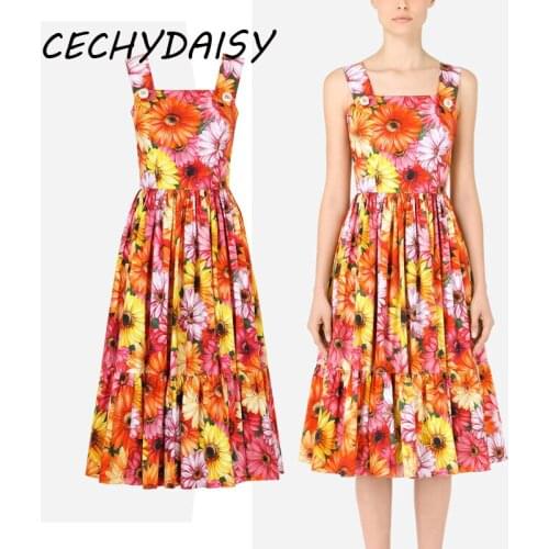 Runway 2021 Floral Printed Dress Women Sleeveless Square Collar Vintage High Waist Sun Flowers Vacation Party Beach Midi Dresses