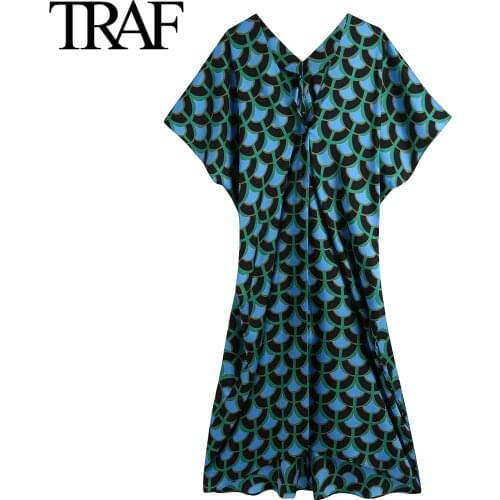 TRAF Summer Womens Dress 2021 Robe Short Sleeve Dress Fashion Vintage Printed Loose Boho Shirt Long Dresses