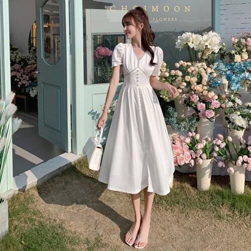 Gentle Wind White V-neck 2021 New Seaside Vacation Beach Dress Summer Female Bubble Short Sleeve Casual Party Dresses