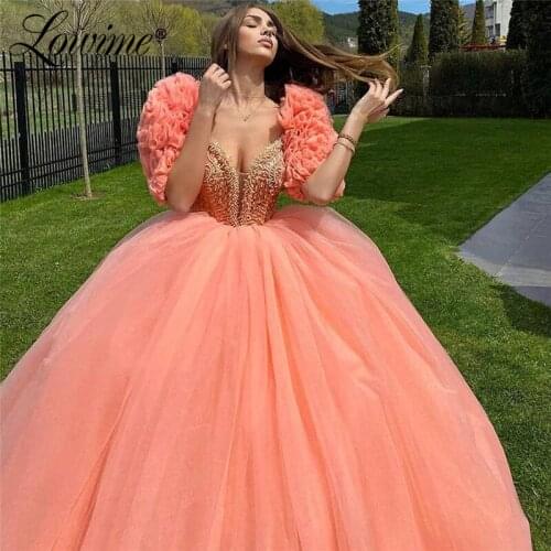 Puffy Long Prom Dresses Pink Ball Gown Evening Dress 2021 Beaded Celebrity Dress Robes Party Dress For Weddings Vestido De Festa
