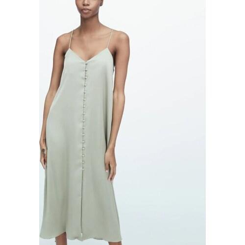 ZA Summer Women Camisole Dress A-line Loose Dress Lady Beach Style Solid V-neck Dress Elegant Girls Single Breast Causal Outfits