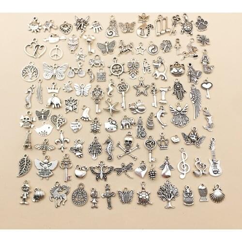 100Pcs Tibetan Silver Mixed Charms Pendants DIY Jewely Making Alloy Findings Accessory For Necklaces Earrings