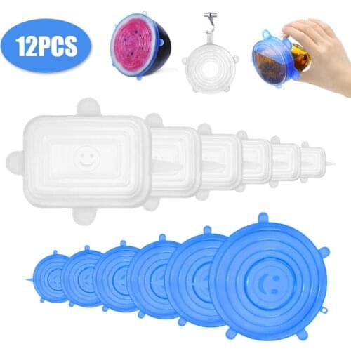 12pcs Reusable Silicone Food Cover Stretch Lids Universal Food Wrap Cover Food Fresh Keeping Silicone Caps Stretchable Lid