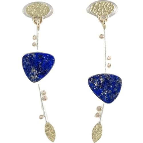 Bohemian Antique Two Color Leaf Earrings Creative Triangle Inlaid with Lapis Lazuli Drop Earrings Fashion Exaggerated Jewelry