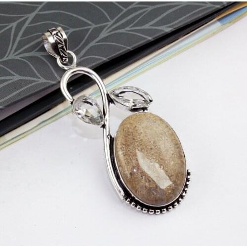 Fossl Coral & White Topas Pendant Silver Overlay over Copper , 77mm, P0631